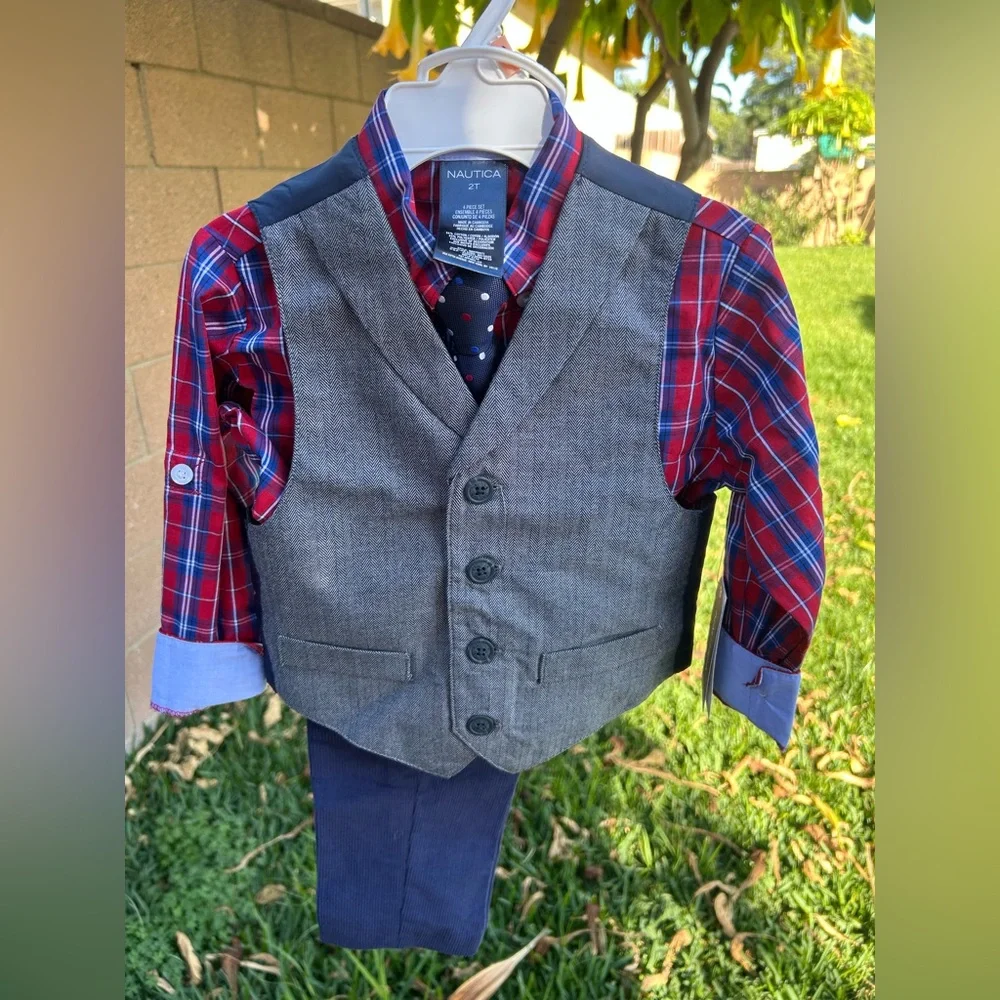 Nautica Kids Gray Vest with Red Plaid Shirt and Navy Tie